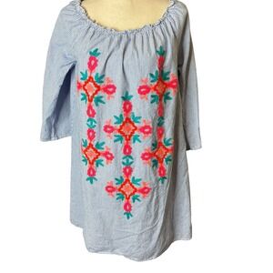 South Main Striped Embroidered Off Shoulder Dress L XL Blue White Floral Boho